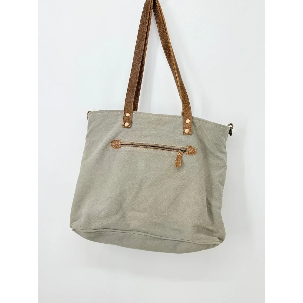 Myrha Large Tote‎ Festival Boho Y2K Upcycled Canvas Leather Brown White Summer